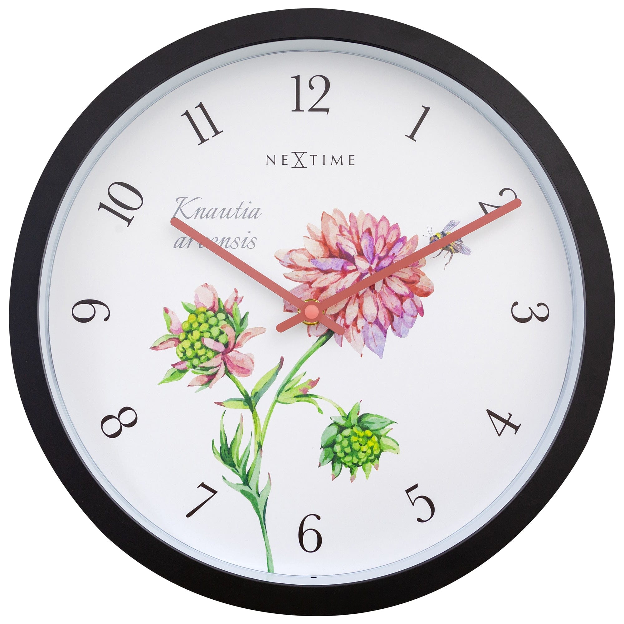 Weatherproof outdoor garden clock by NeXtime Clocks, 30.5 cm diameter, featuring a stylish Knautia design on a durable surface.